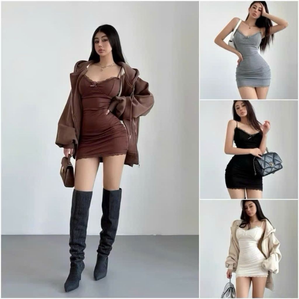 Đầm hai dây phối viền ren có mút ôm body tôn dáng chất thun tăm BLPP