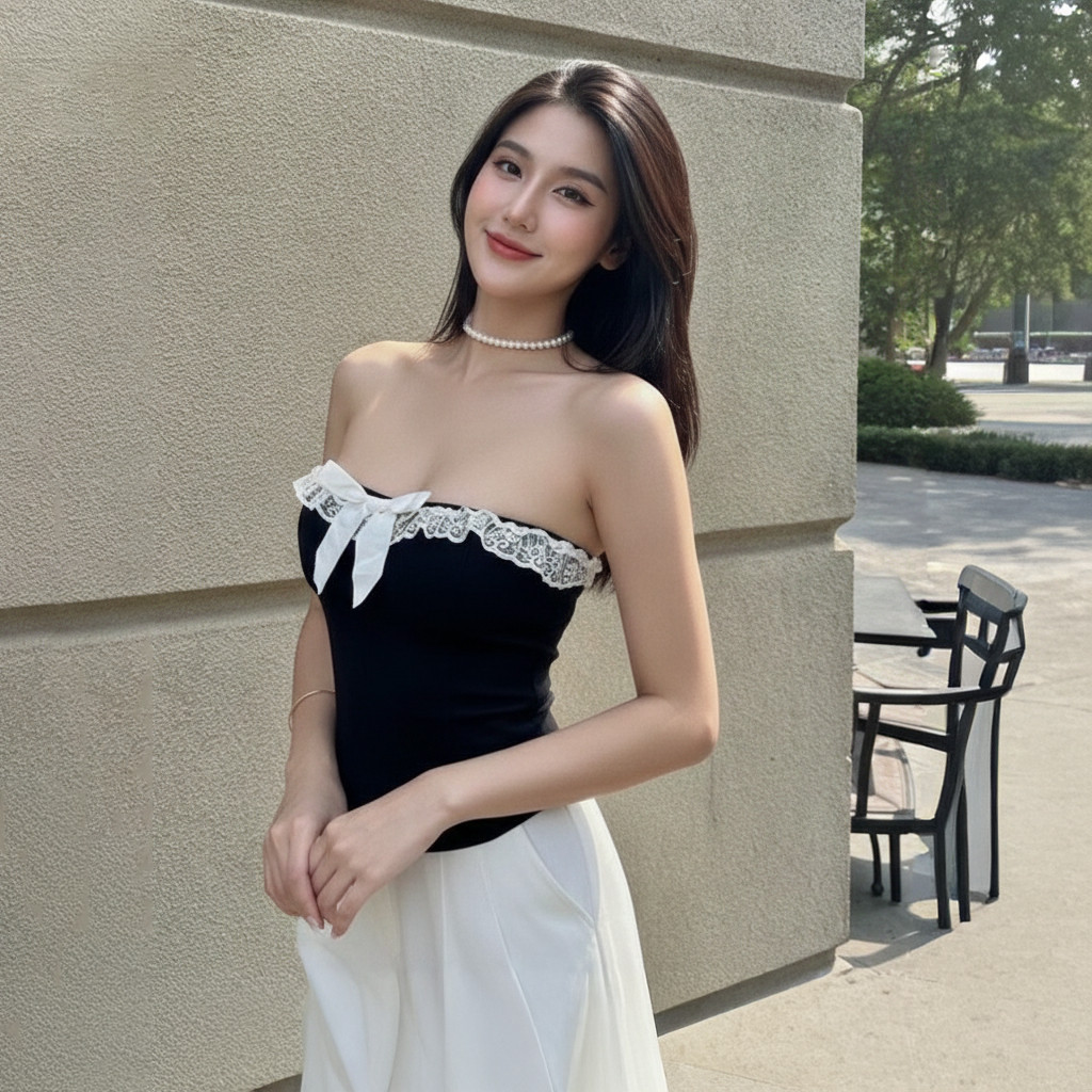 Áo Ống Nữ Cúp Ngực Phối Viền Ren  Đính Nơ Xinh Xắn A5928