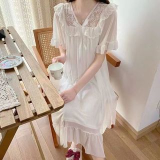 Đầm ngủ công chúa tay ngắn, đồ ngủ công chúa lưới nơ mùa hè mới, đồ mặc nhà cho nữ