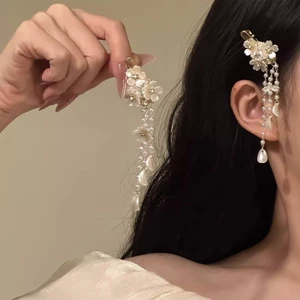 Kẹp tóc nữ thiết kế hoa anh đào trắng và mặt trăng, tua dài, phong cách mùa xuân
