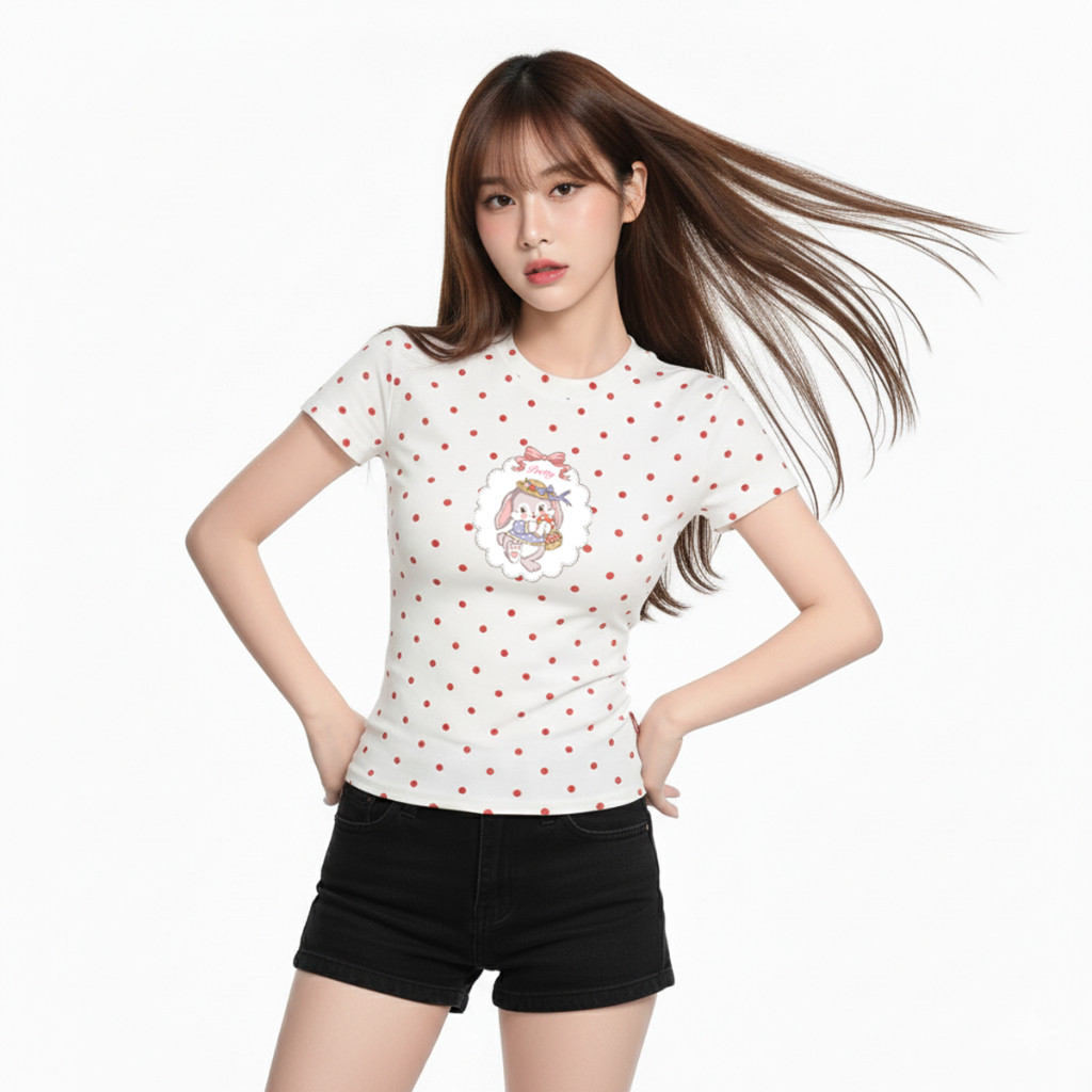 Áo Thun Baby Tee Dáng Ôm Chấm Bi  In Hình Thỏ Dễ Thương A5208844