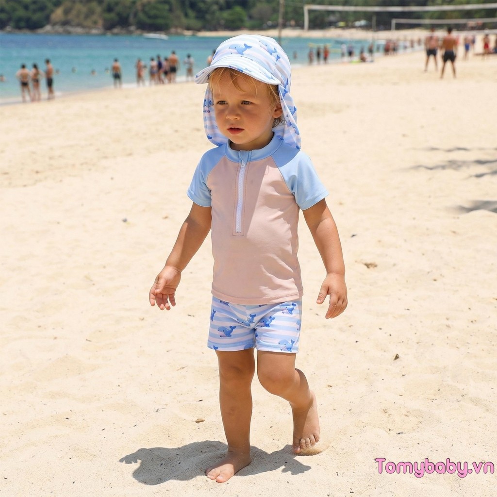 Bộ 3 Đồ Bơi Tập Đi Áo Tay Ngắn + Quần Short Sọc In Hình Cá Voi + Mũ Rash Guard Bộ Đồ Tắm
