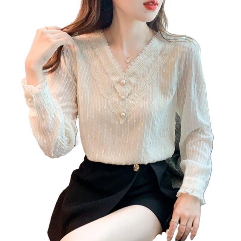Áo sơ mi nữ lót lông cừu dày dặn, kiểu dáng mới, áo mặc trong thời trang và sành điệu, áo sơ mi ren voan thanh lịch