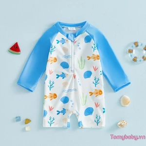Trẻ Sơ Sinh Bé Trai Đồ Bơi Cá Vỏ Biển In Tay Dài Trên Dây Kéo Rash Guard Đồ Bơi Có Mũ Chống Nắng