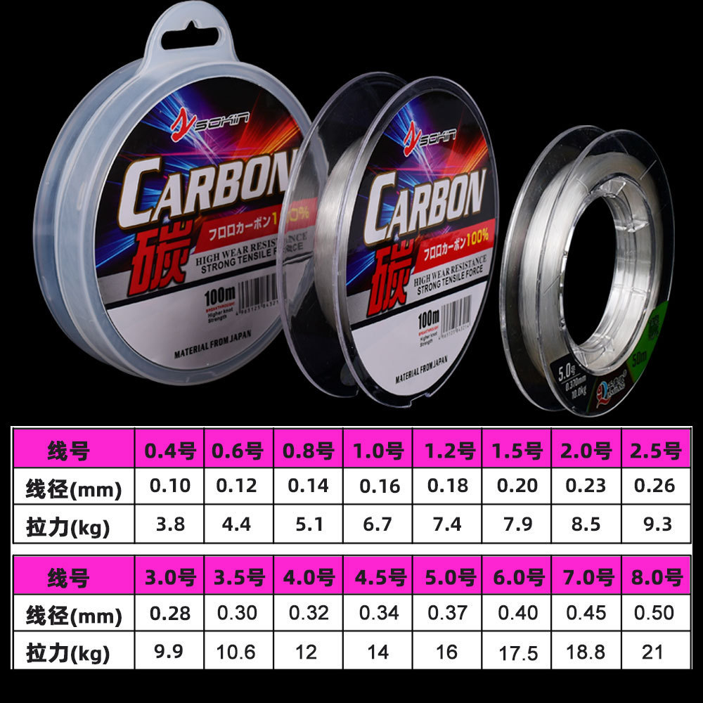 Dây carbon 100m trong suốt chịu cắn chịu mài tốt chìm nhanh chuyên làm dây dẫn câu lure gần bờ và câu cá biển