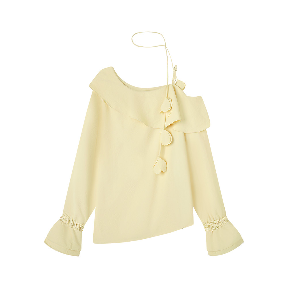Mutu Áo Sơ Mi Off-The-Shoulder Vàng, Phong Cách Pháp, Thiết Kế Xù, Thích Hợp Mùa Xuân