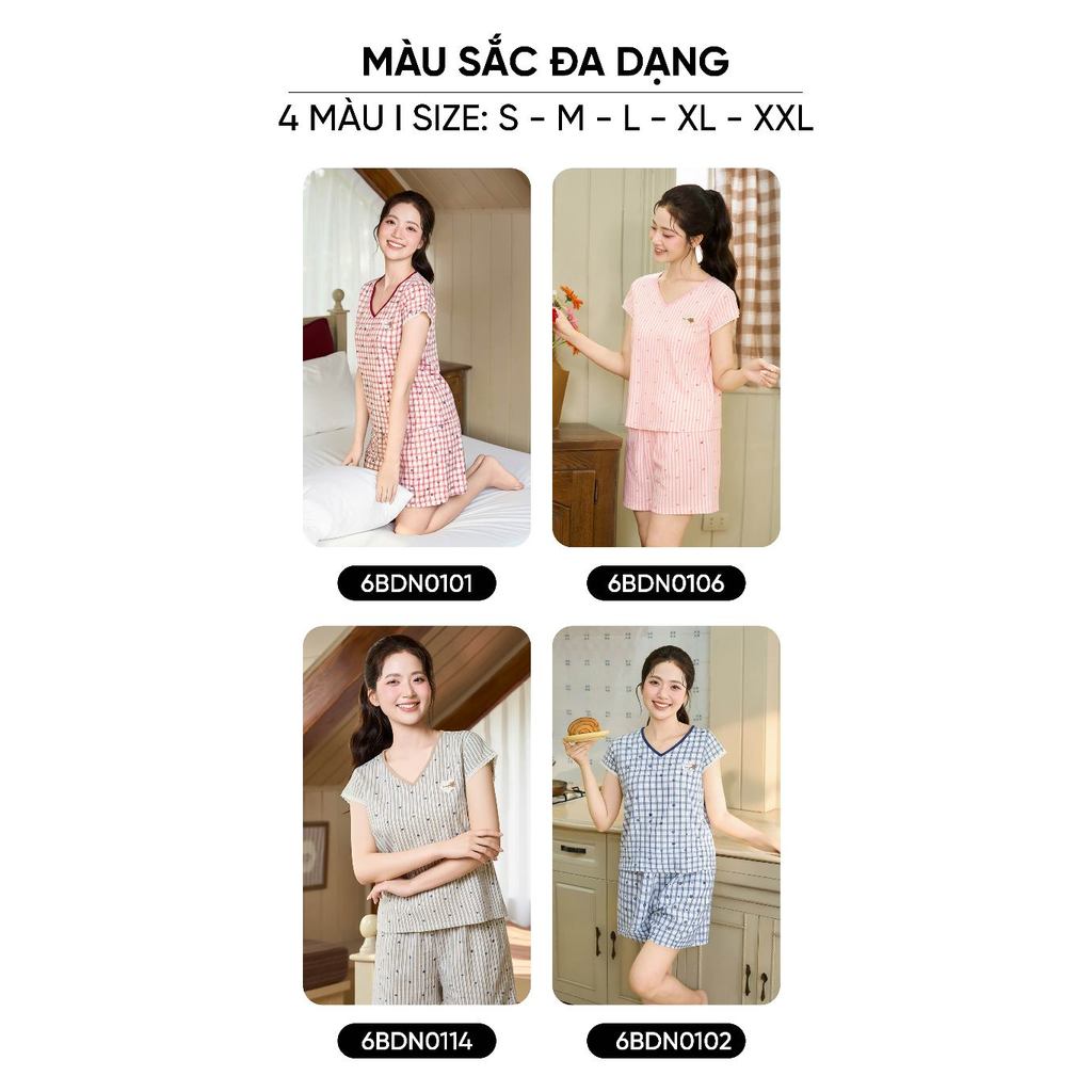 Bộ đồ nữ CARDINA chất liệu thô kẻ tay côc gấu ren và quần đùi cạp chun 6BDN01