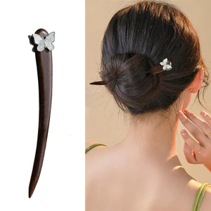 Kẹp Tóc Gỗ Đàn Hương Hai Mặt Màu Xanh Pha Lê, Hình Dạng Bướm Và Lá Lớn, Thích Hợp Cho Tóc Cuộn Đơn Giản