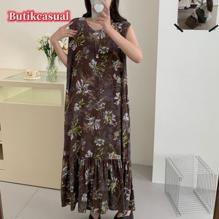 Váy in họa tiết Rayon nữ mùa hè mới váy dài không tay mỏng đơn giản giản giản dị mát mẻ
