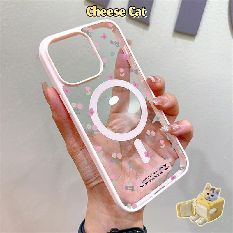 hoa Ốp điện thoại từ tính cho iPhone 11 12 13 14 15 16 17 Pro Max 7 Plus XR Xs Max Vỏ điện thoại màu hồng