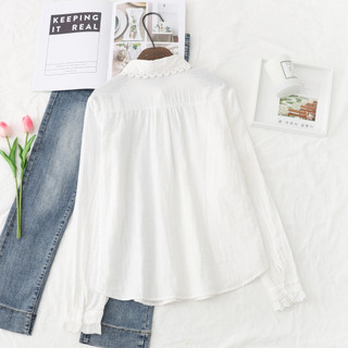 Sẵn sàng - Áo sơ mi nữ 100% cotton cổ búp bê viền ren, phong cách mới cho mùa thu, thiết kế đơn giản với tone màu trơn.
