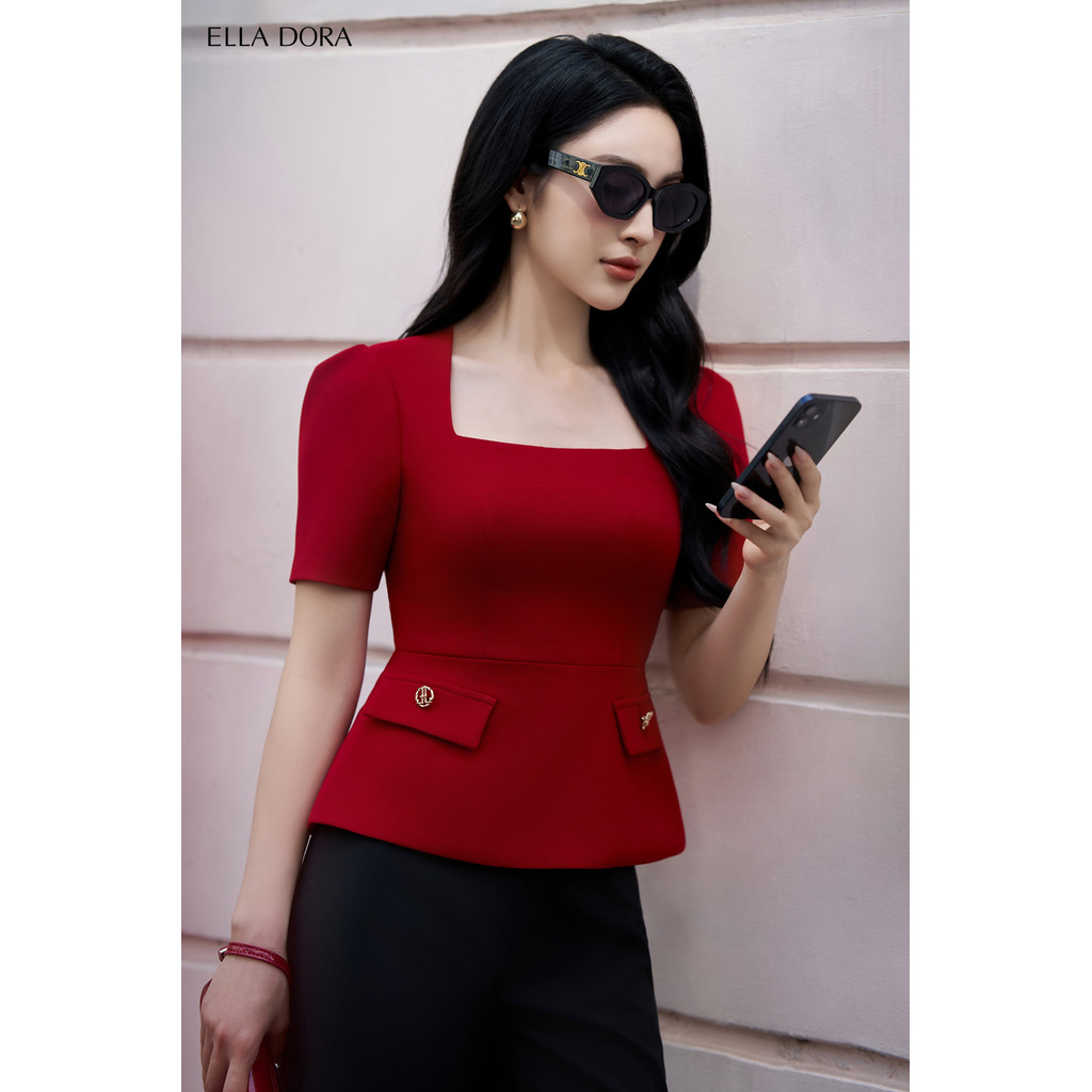 Áo peplum nữ ELLA DORA cổ vuông tay ngắn phối 2 nắp túi form gọn tôn eo thanh lịch sang trọng [AK32]