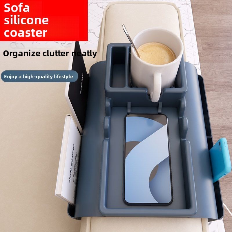 Sofa Cốc Silicone Sofa Tay Khay Có Túi Bên Khe Cắm Kép Đồ Uống Ăn Nhẹ Bảo Quản Điện Thoại Điều Khiển Từ Xa Tổ Chức