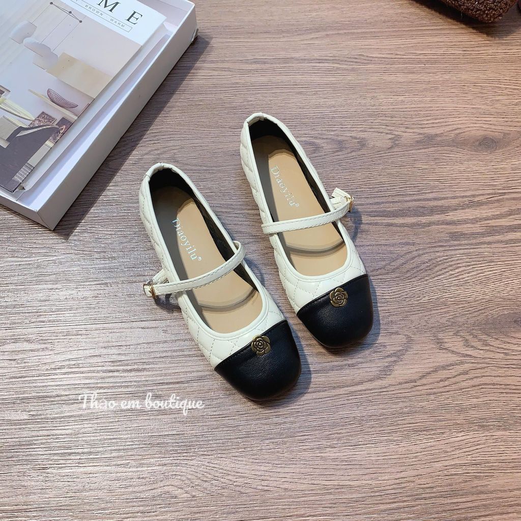 [Thảo Em - BB03 ] Giày bệt búp bê da trám nữ quai ngang đính hoa trà bánh bèo [Mã Mới]
