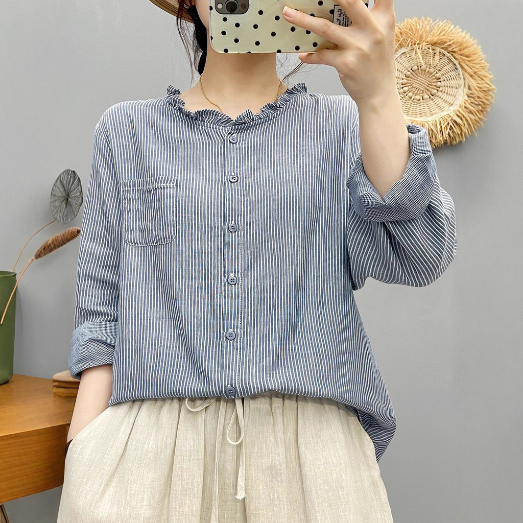 [Hàng có sẵn] Áo sơ mi nữ dài tay họa tiết sọc, chất liệu cotton, thiết kế cổ điển thoải mái