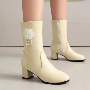 VNTMLH34-43 Kích Thước Lớn Mũi Tròn Dày Gót Thời Trang Đơn Giản Giày Bốt Ngắn Ngọc Trai Ngọt Ngào Ren Hoa Dây Kéo Bên Công Chúa Giày Ngắn