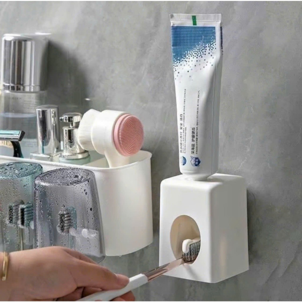 Bộ Nhả Kem Đánh Răng Tự Động – Bộ Cốc Và Kệ Để Bàn Chải Đánh Răng Dán Tường Cao Cấp