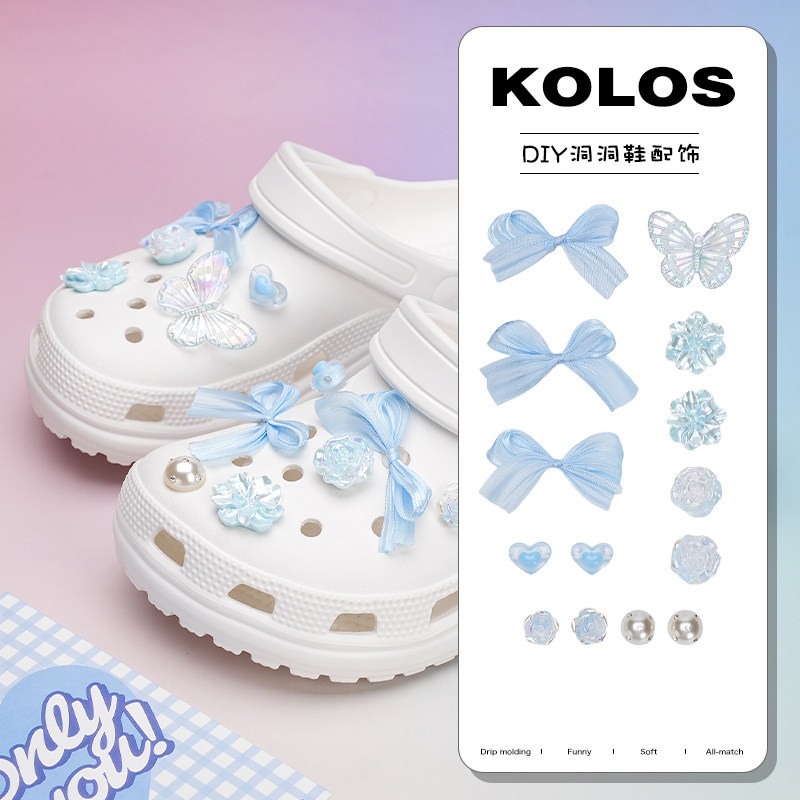 Phụ Kiện Lỗ Nơ Xanh Giày Tình Yêu Hoa Ba Lê Phong Cách Tự Làm, Dùng Cho Crocs, Có Thể Tháo Rời, Zhibixing ins