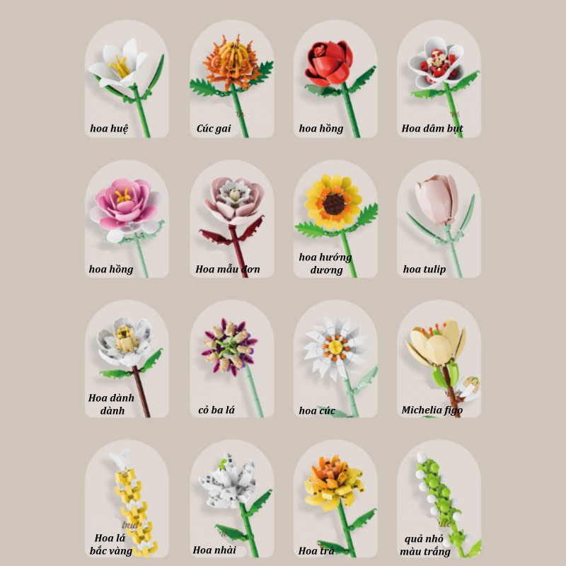 Bộ 16 Hộp Hoa Lắp Ráp DIY Mini, ó Hoa Lắp Ráp Handmade, mô hình khối xây dựng, Quà Tặng Sáng Tạo