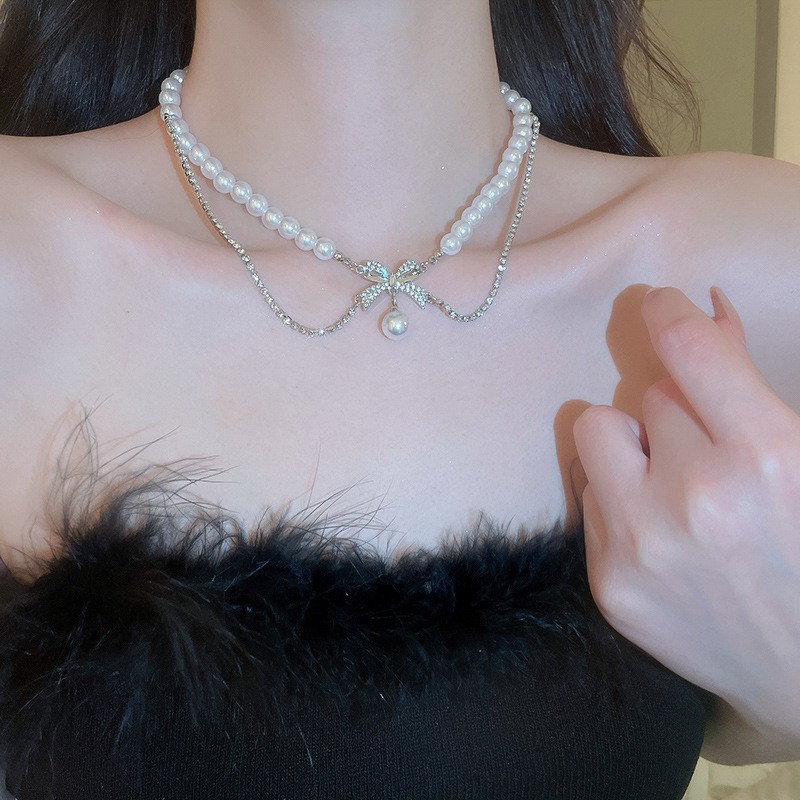Pháp Ánh Sáng Sang Trọng Ngọc Trai Bướm Vòng Cổ Nữ Cao Cấp Xương Đòn Dây Chuyền Hepburn Phong Cách Cô Dâu Vòng Cổ Cưới