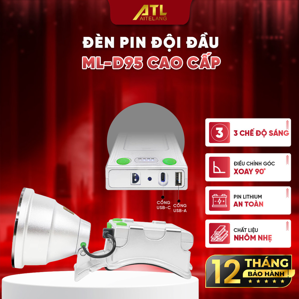 Đèn pin đội đầu siêu sáng D95 cao cấp, đèn pin chất liệu nhôm siêu nhẹ, chống nước, pin sạc 9600mAh