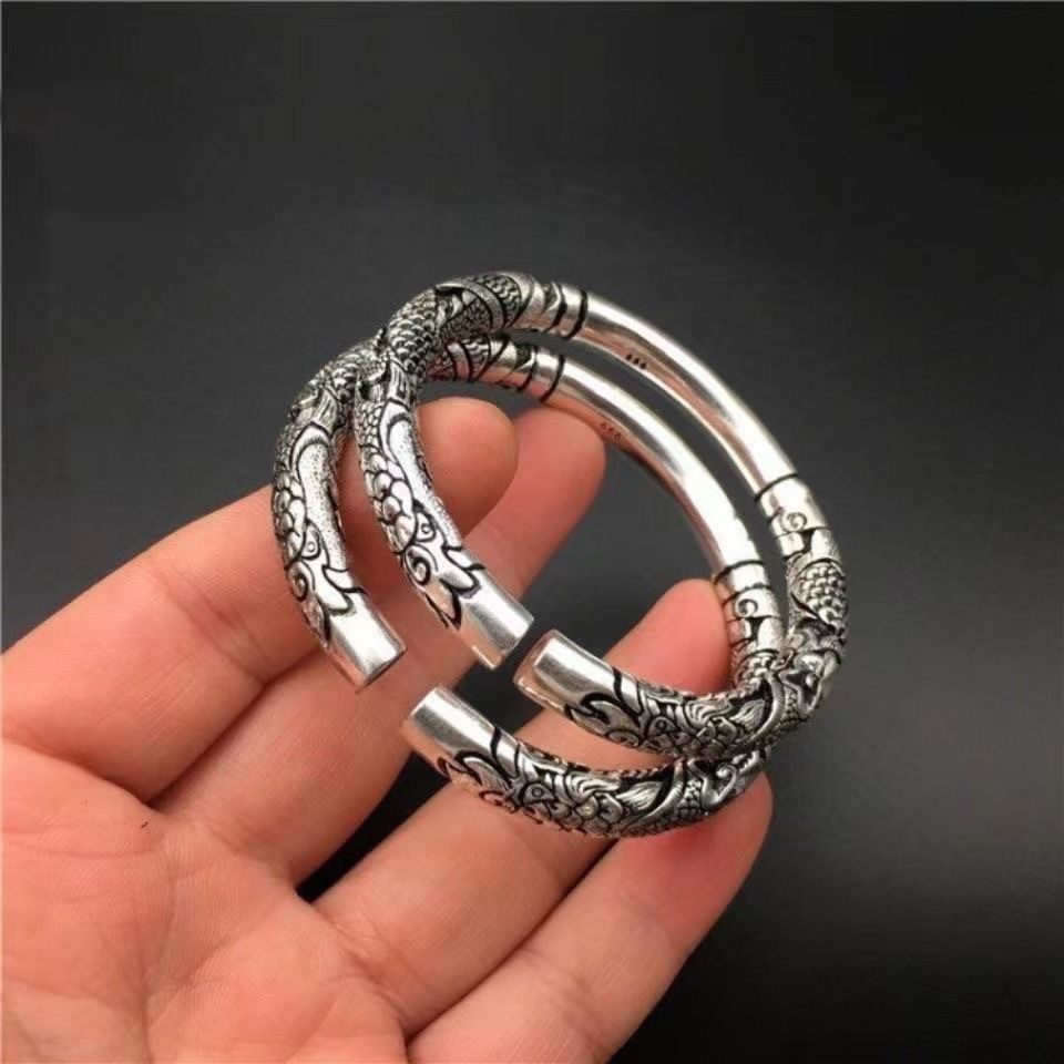Vòng tay đôi rồng họa tiết nổi phong cách retro, hợp kim mạ điện unisex