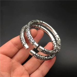 Vòng tay đôi rồng họa tiết nổi phong cách retro, hợp kim mạ điện unisex