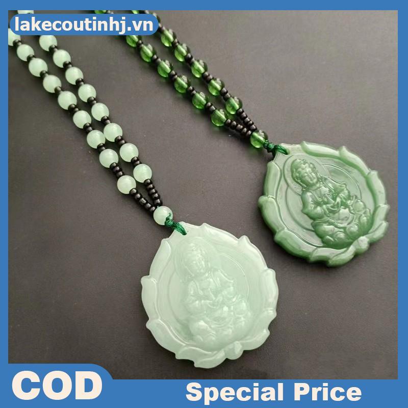 Mặt dây chuyền Phật Quan Âm làm từ ngọc xanh khắc tay, phù hợp làm bùa hộ mệnh và trang sức cho nữ