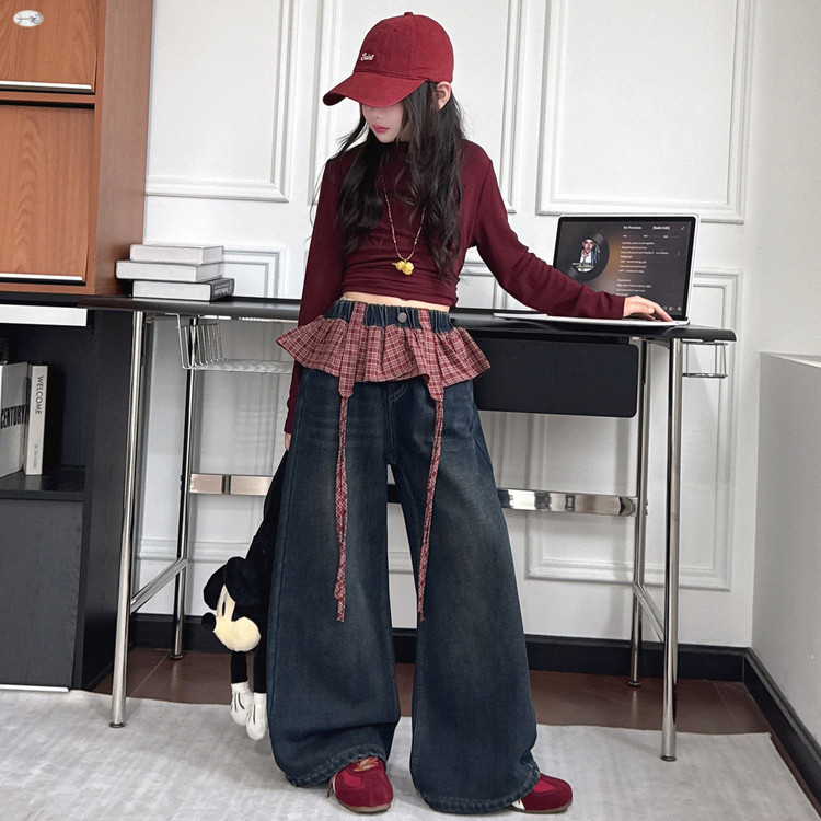 Bé Gái Retro Quần Jean Ống Rộng Mùa Xuân 2026 Phong Cách Mới Trẻ Em Kẻ Sọc Ren Khâu Quần Thường Ngày