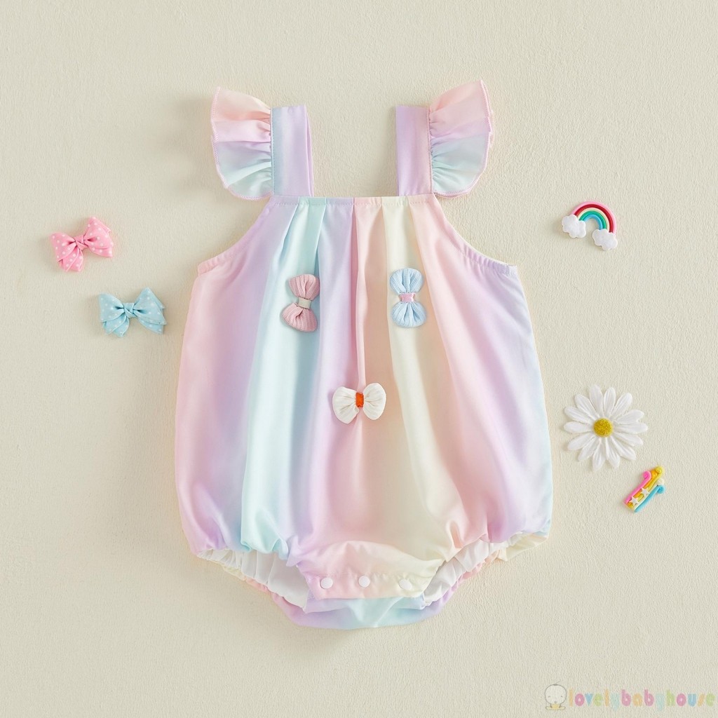 LBH-Baby Bé Gái Thời Trang Mùa Hè Đầy Màu Sắc Nơ Trang Trí Áo Liền Quần Cổ Vuông Tay Bay