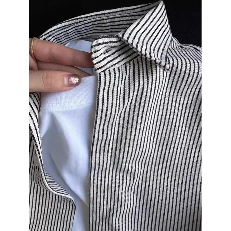 Áo sơ mi dài tay sọc vải mát mẻ dáng rộng thông thường Áo Cardigan phổ thông hàng đầu