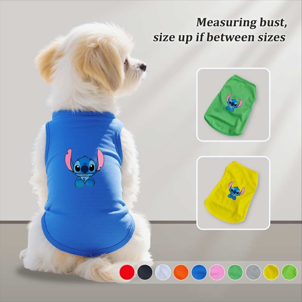 Size S-2XL: Phong cách chui đầu, in Lilo & Stitch, có nhiều màu sắc và thoáng khí cho mùa hè, thích hợp cho cả sử dụng trong nhà và ngoài trời, và phù hợp với tất cả chó mèo nhỏ.