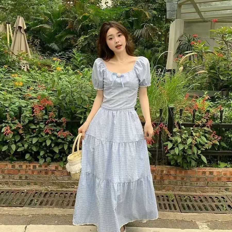 Bộ đồ hai mảnh phong cách múa ba lê màu xanh kẻ sọc, tay phồng ngắn cho mùa hè