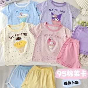 Bộ đồ ngắn tay trẻ em mùa hè 95 Cotton Lycra thêu màu kẹo 100-140 Size VA6I