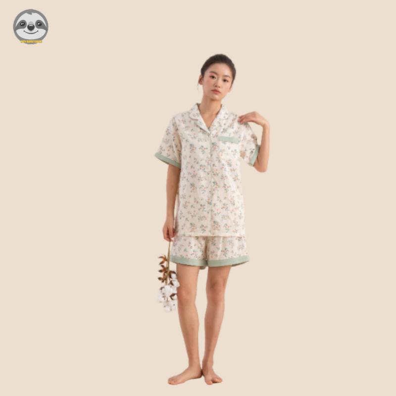 Bộ đồ ngủ ngắn tay Muji phong cách Nhật Bản, từ sợi đôi cotton nguyên chất với màu sắc thanh lịch như ngọc lục bảo và thiết kế thoải mái.