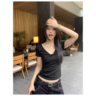 ít người mặc nút xoắn thiết kế áo cổ V Áo thun tay ngắn nữ mùa hè mẫu mới thanh mảnh áo trên
