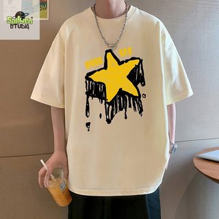 Áo thun nam cổ tròn thoải mái, chất liệu dày dặn, in hình hoạt hình ngôi sao graffiti một mặt.
