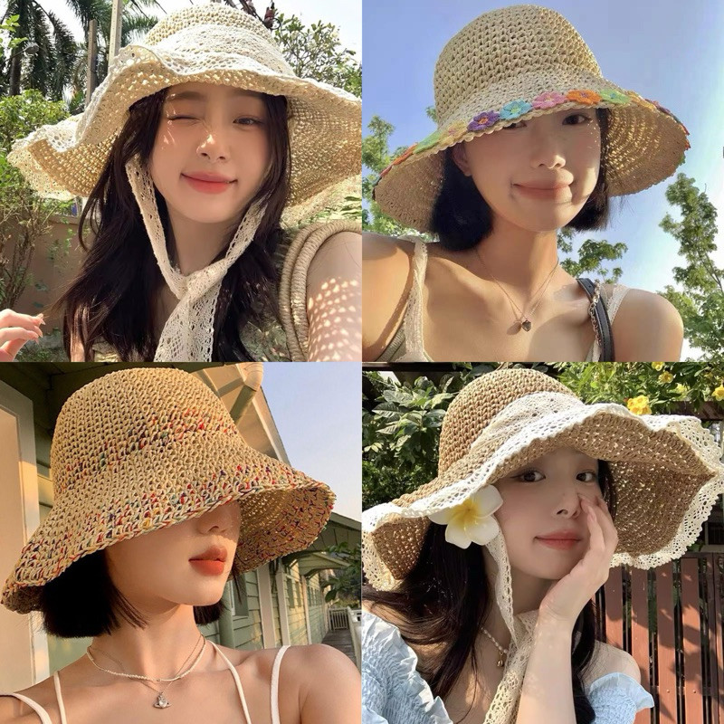 Mũ Cói Xinh Đi Biển Phong Cách Vintage Thêu Hoa Phối Ren Xinh Xắn