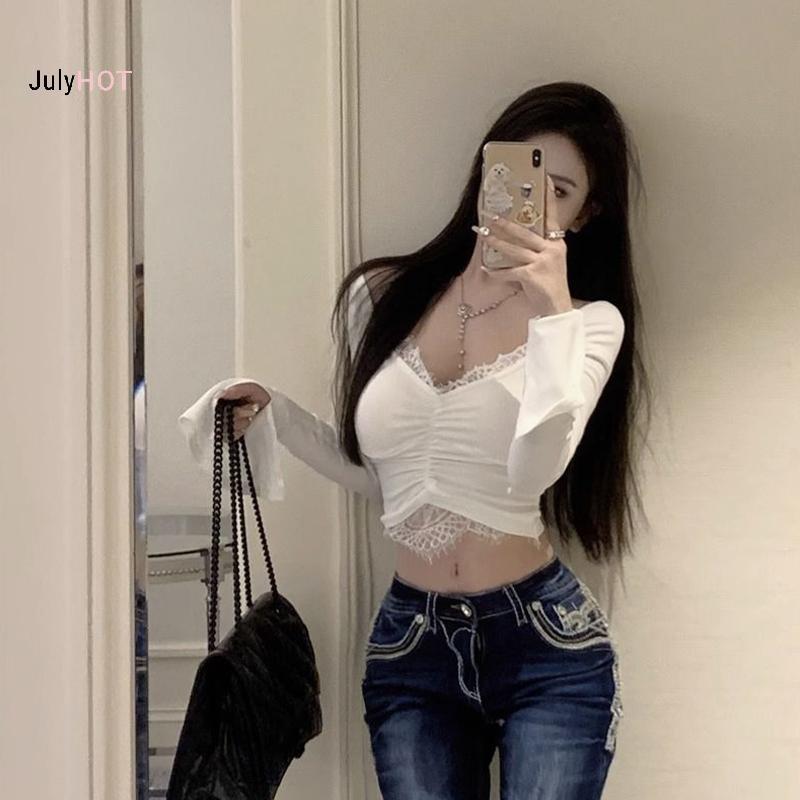 Áo thun Modal vải tay dài cổ chữ V với ren nối décolleté ngắn, style công chúa thanh lịch