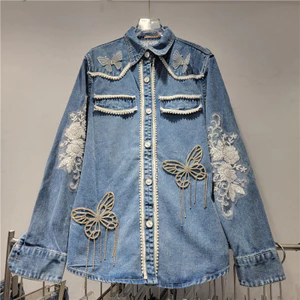 Áo sơ mi denim nữ với ren công nghiệp nặng, thiết kế dài tay retro phong cách phương tây, phù hợp mùa xuân