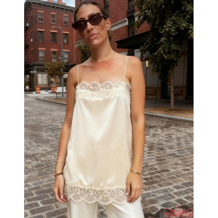 Topone Áo Croptop Nữ Mùa Hè Ren Viền Xe Satin Spaghetti Dây Đeo Rời