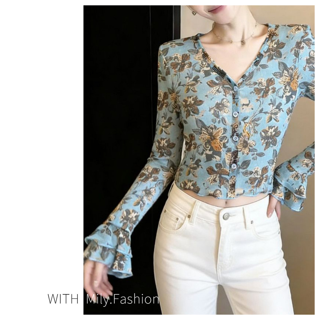 Milyfashion Nhẹ Nhàng Hoa Co Giãn Gạc Hơi Trong Suốt Tay Dài In Hình Chữ T Phong Cách Mới