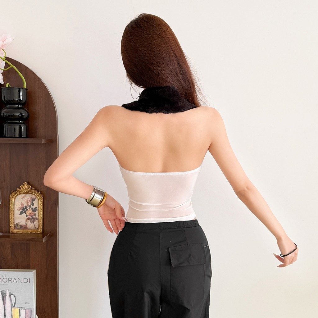 CuteNew Áo Tank Top Dây Buộc Màu Sắc Chặn, Phong Cách Thời Trang Đường Phố
