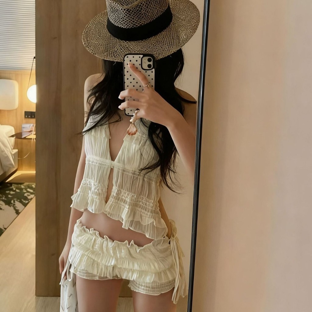 Cổ tích đồ bơi ba mảnh bikini nữ, màu trắng, phù hợp cho mùa xuân và kỳ nghỉ