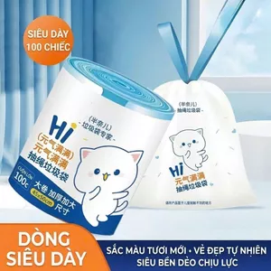 Cuộn 100 túi rác dây rút họa tiết mèo dễ thương, bền dai tiện lợi 45x50cm