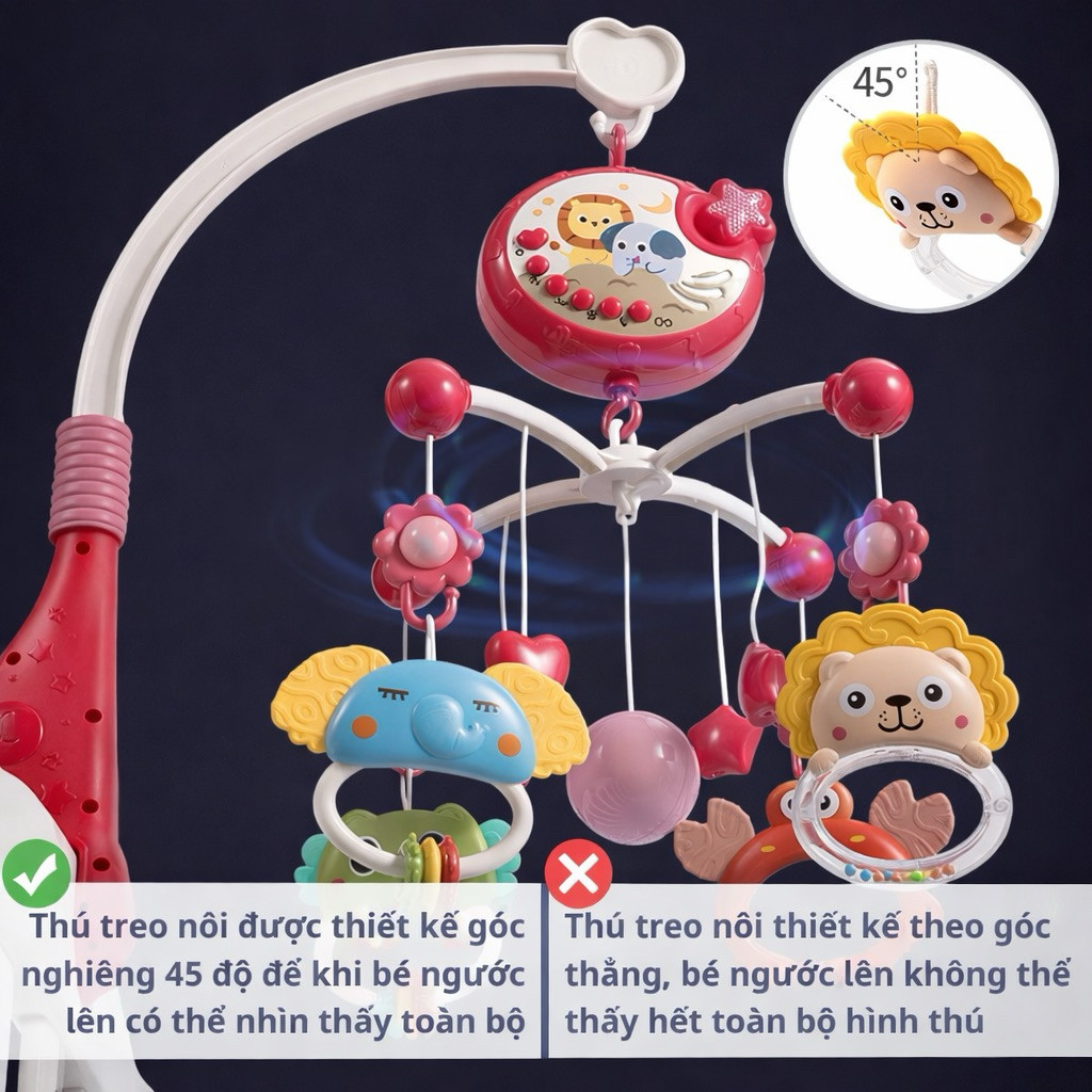 Đồ chơi treo nôi cũi kèm gặm nướu cho bé sơ sinh xoay 360 kích thích thị giác có hộp nhạc chế độ tự tắt ANBEBE