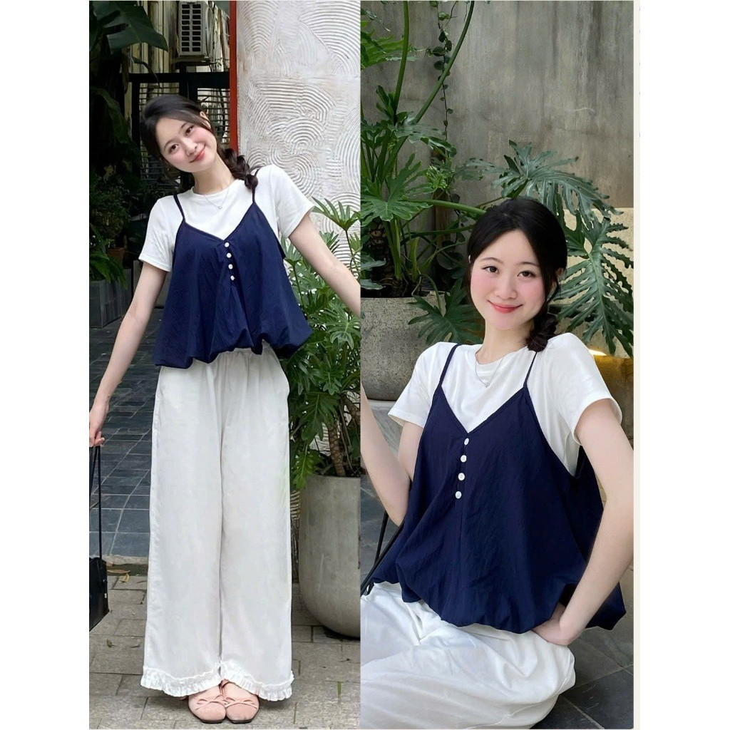 Set Yếm Nữ 2 Dây Dáng Bí Cúc Dọc Kèm Áo Thun Trơn (Có Bán Lẻ Yếm)  S85507 Thời Trang Nữ