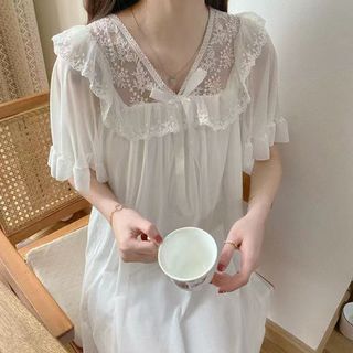 Đầm ngủ công chúa tay ngắn, đồ ngủ công chúa lưới nơ mùa hè mới, đồ mặc nhà cho nữ