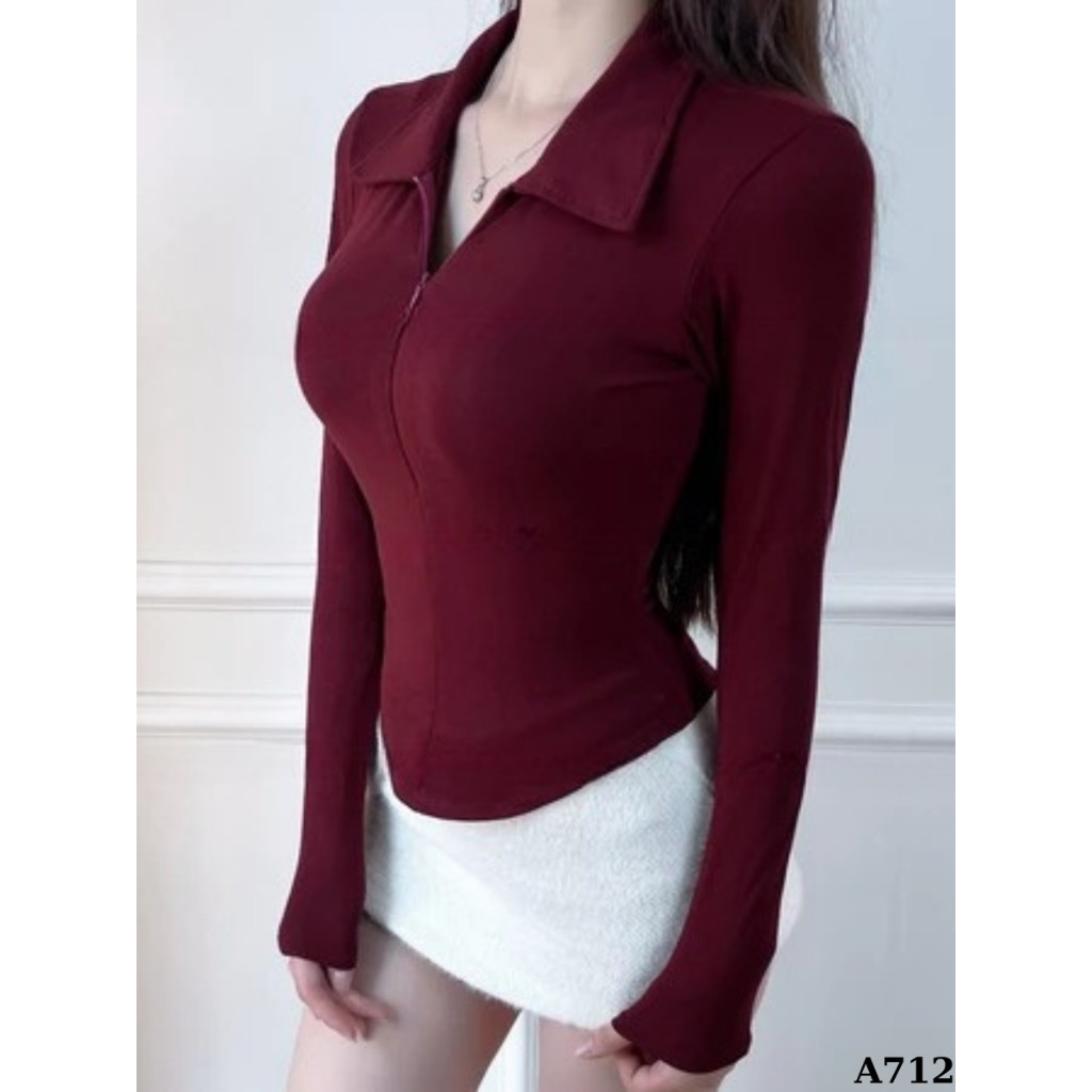 [Mở Bán] Áo Thun Nữ Tay Dài Ôm Body Cổ Bẻ Phối Khoá Kéo Dáng Vạt Bầu Cotton nhuyễn