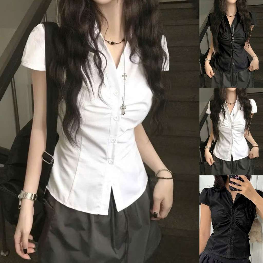 Sơ mi nữ quốc dân tay ngắn nhún bèo siêu sang trọng hợp gu chị em SMG88322